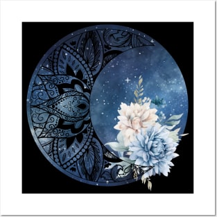 Mandala Moon Design Flower Blue and Beige Flowers Posters and Art